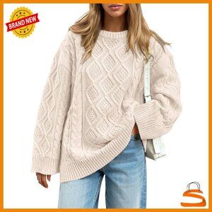 Oversized Cable Knit Crewneck Sweater, 40% Acrylic 60% Cotton, Cozy Winter